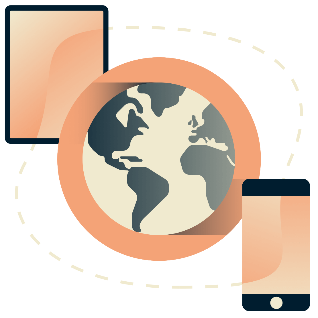 Tablet e telefono che circondano un globo.