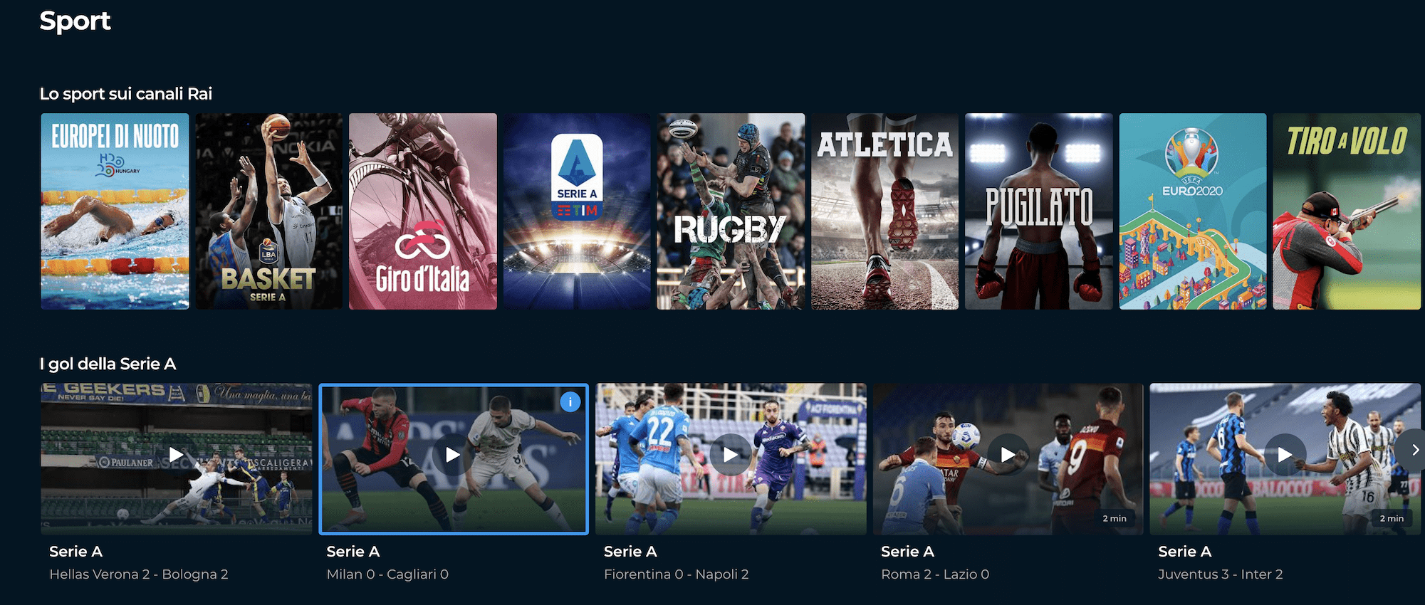 Guarda gli eventi sportivi in diretta su RaiPlay tra cui calcio di Serie A, ciclismo e altro ancora.