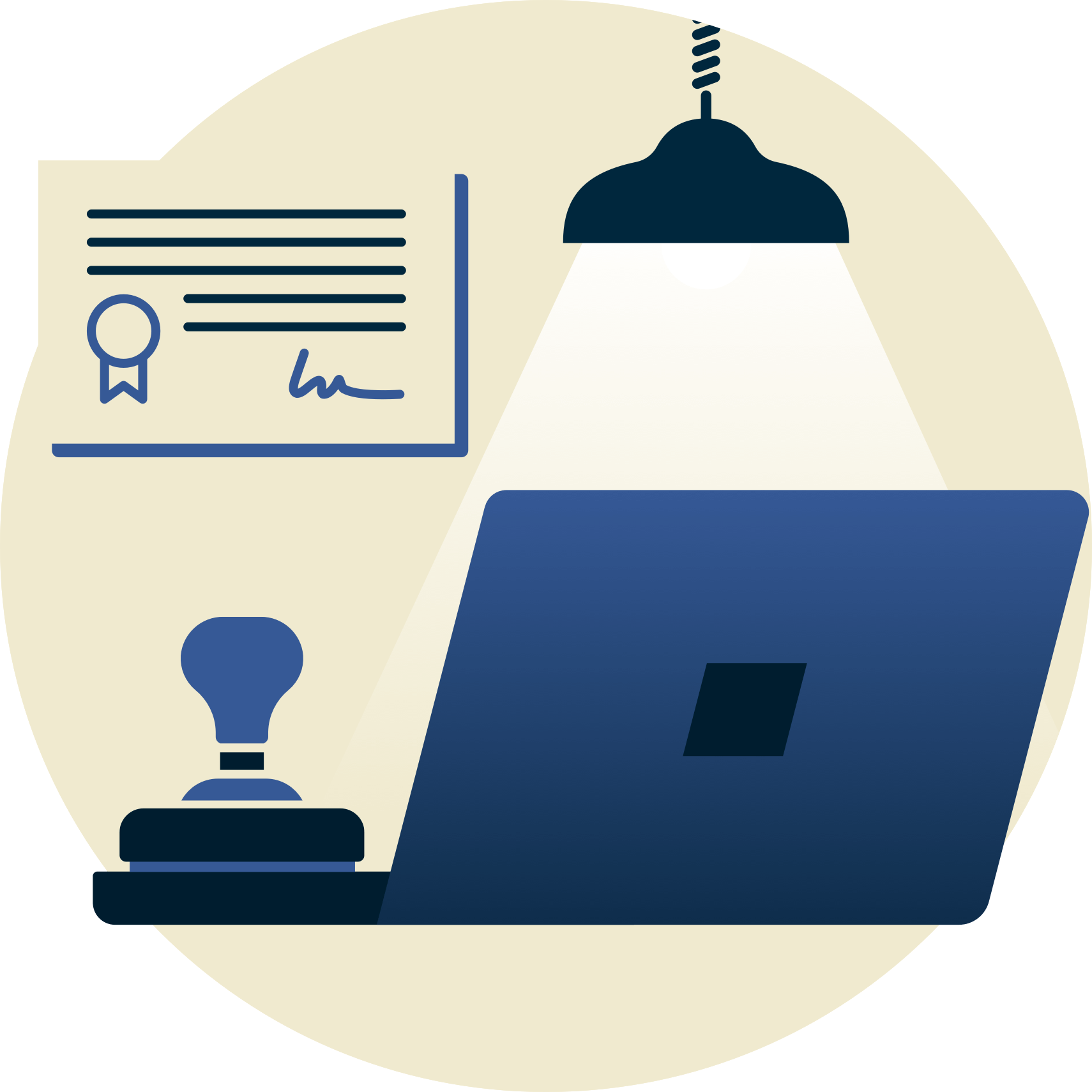 Lampka nad stempelkiem i laptopem, z certyfikatem w tle.