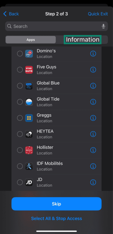 Accessing the Information menu in the second part of the Safety Check in iOS.
