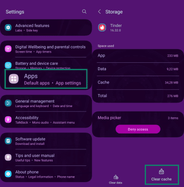 Two Android screenshots, side by side, one of the Android system settings menu with the "Apps" option highlighted. The other showing "Storage" settings screen for the Tinder app with the "Clear cache" button in the bottom right corner highlighted.