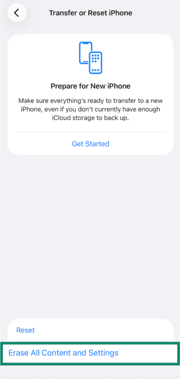A screenshot displaying the Transfer or Reset iPhone tab on an iPhone highlighting the Erase All Content and Settings option