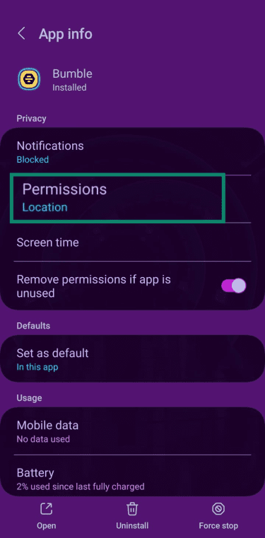 Android “App info” screen for Bumble with “Permissions: Location” highlighted.