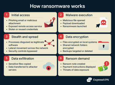 Steps showing how ransomware enters a system, encrypts files, and displays a ransom demand.