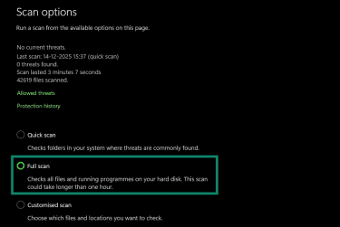 Full Scan highlighted in Scan options.