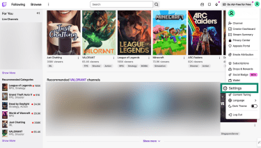 Twitch profile dropdown menu with Settings option highlighted.
