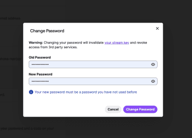 Screenshot of the Change Password option in Twitch Security and Privacy settings.