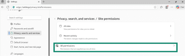 Microsoft Edge Site permissions settings with All permissions option highlighted.