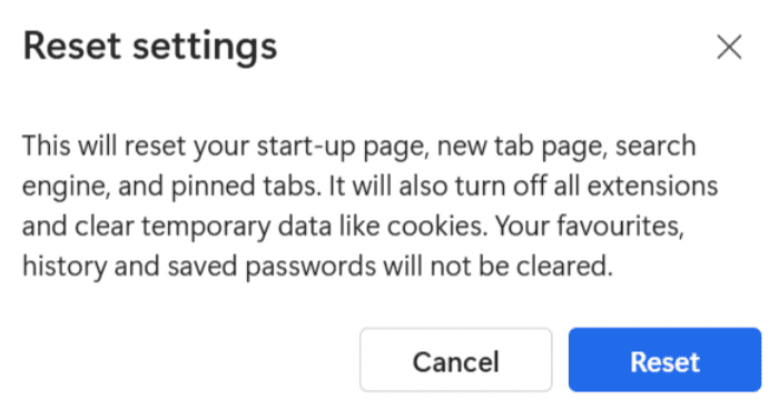 Microsoft Edge Reset settings confirmation pop-up.