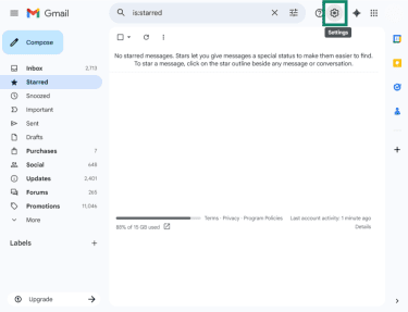 Gmail web app highlighting the cog icon for the settings menu