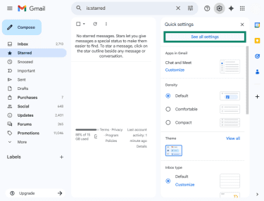 Gmail web app highlighting the "see al settings" option in the settings dropdown menu