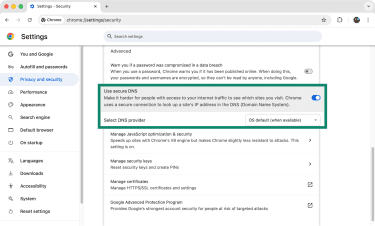 The group of options in Chrome that lets you enable secure DNS.