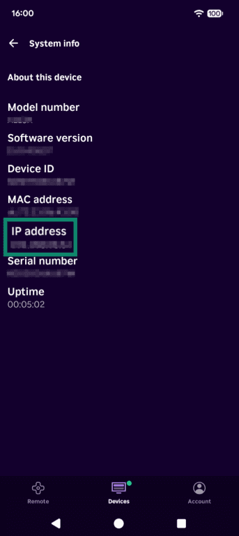 IP address highlighted for a Roku TV in the Roku mobile app.