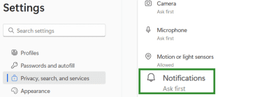 In the Edge privacy, search, and services settings, the Notifications option is highlighted.