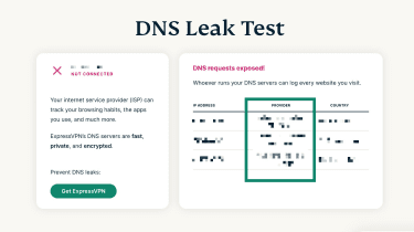 ExpressVPN's DNS Leak Test interface with a list of results, showing IP addresses, providers, and locations.