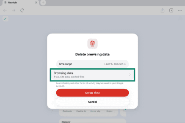 Browsing data option in Delete browsing data of Chrome on iPad.