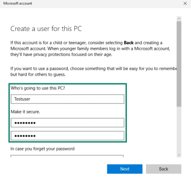 Local account creation screen for Microsoft.