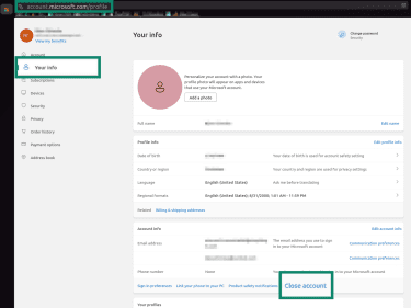 "Your info" and "Close account" options highlighted in the Microsoft account settings.