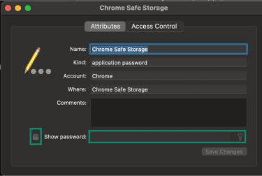 macOS Keychain Access with a login option open and "Show password" highlighted