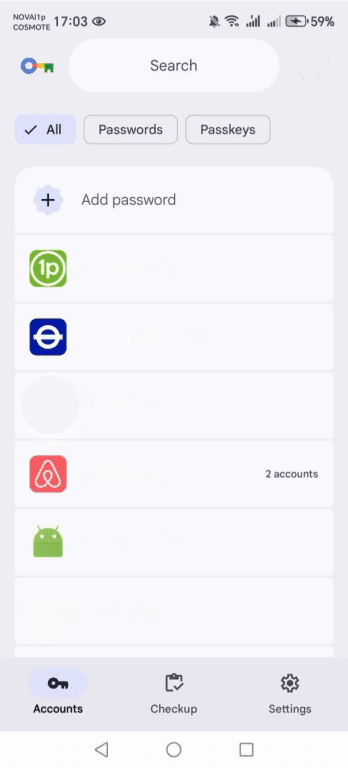 Android device with Google Password Manager open showing password account list