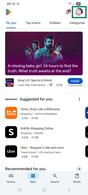 Selecting your profile icon in the Play Store.