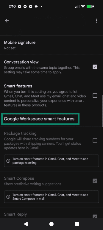 The Gmail settings menu, highlighting the Google Workplace smart features option.
