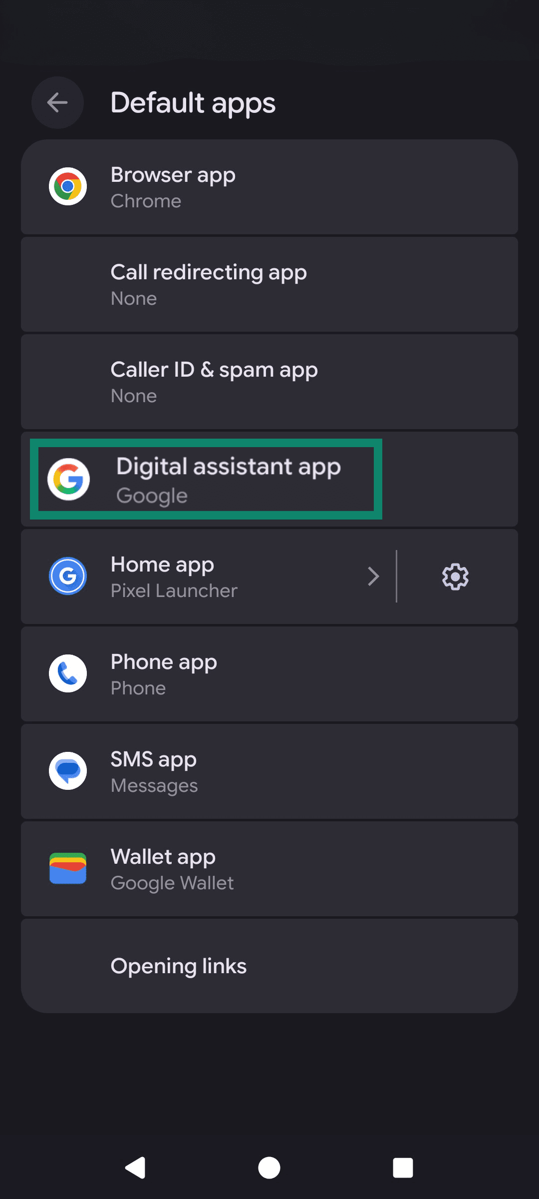The Android default apps menu, highlighting the Digital assistant app option.