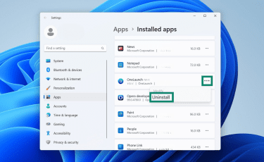 Uninstalling OneLaunch app on Windows 11 through the Installed apps menu.
