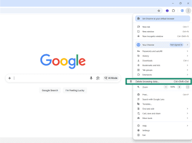 The Google Chrome menu, showing the delete browsing data button.