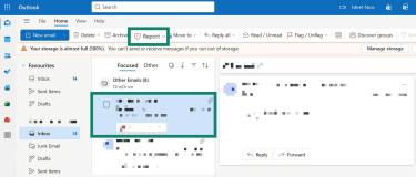 Outlook inbox, showing the "Report" button.