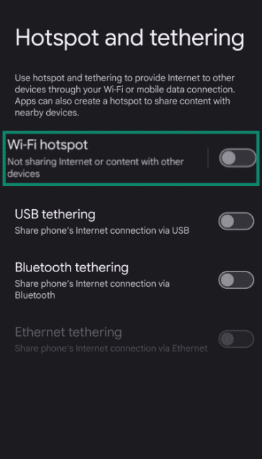 The Wi-Fi hotspot Android settings.