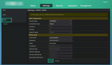 Router WAN settings page showing PPPoE selected with username and password fields visible.