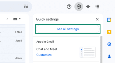 The menu that appears once the Settings button is used in Gmail, with a highlight over the See all settings button.