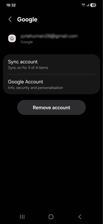 Samsung Android Settings app account management interface with the Remove account button.
