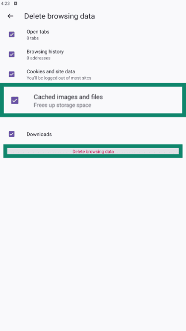 Firefox on Android in Settings with Delete browsing data highlighted