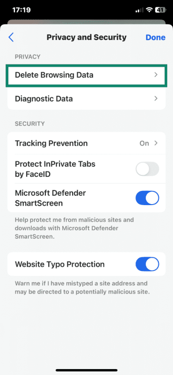 Edge on iOS privacy and security menu open with Delete Browsing Data option highlighted