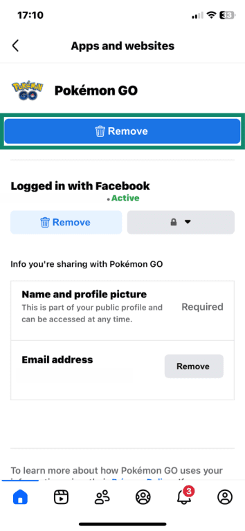 Facebook on iOS Apps and websites settings with Pokémon GO open and Remove button highlighted