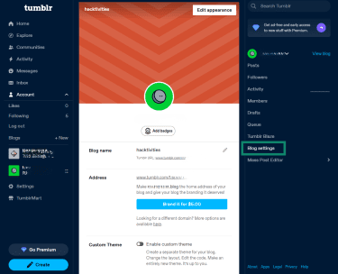 How to access Tumblr blog settings on desktop