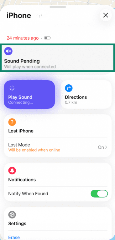 iPhone Find My app with Sound Pending notification highlighted.