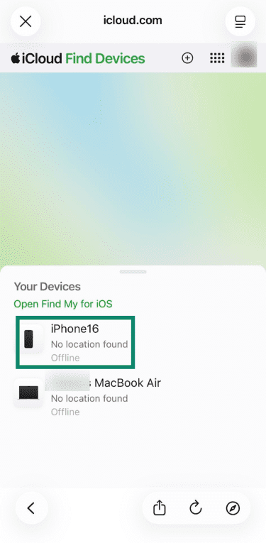 Choosing a device to wipe through iCloud Find