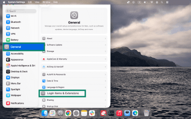 Login Items & Extensions under General settings on Mac.