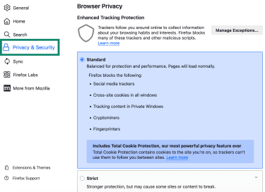 Firefox Privacy & Security settings showing Enhanced Tracking Protection in Standard mode.