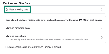 Firefox Cookies and Site Data settings with Clear browsing data highlighted.