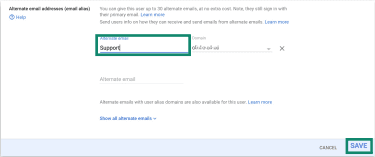 Google Workspace Admin panel with “Support” entered in the Alternate email field.