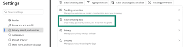 Edge settings menu highlighting the Clear browsing data option.