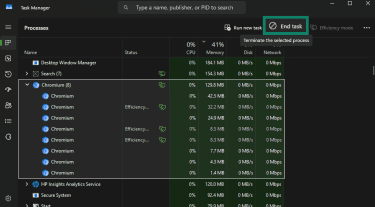 End task in Task Manager to clear all Chromium processes.