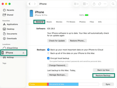 Restore Backup button on iTunes.
