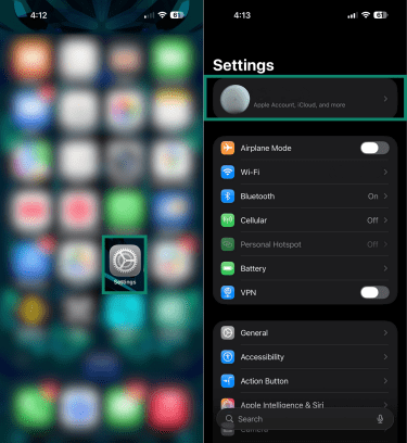 Opening iCloud settings on iPhone.
