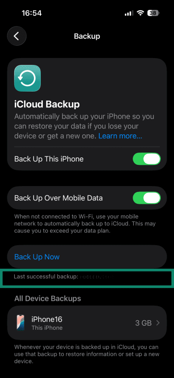 iCloud backup page on an iPhone highlighting the "Last successful backup" label.