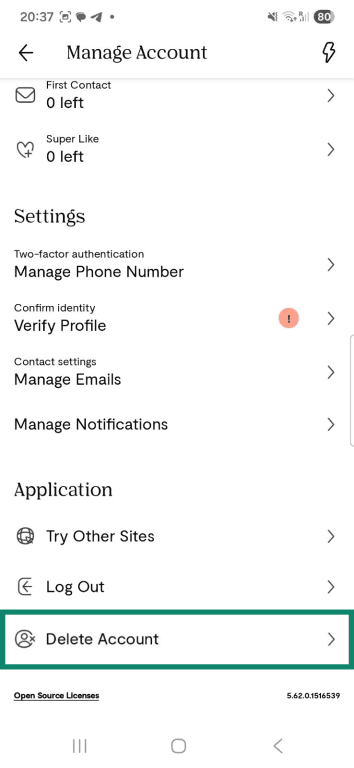 Locate the "Delete Account" button at the bottom of the "Manage Account" settings in the Plenty of Fish Android app.